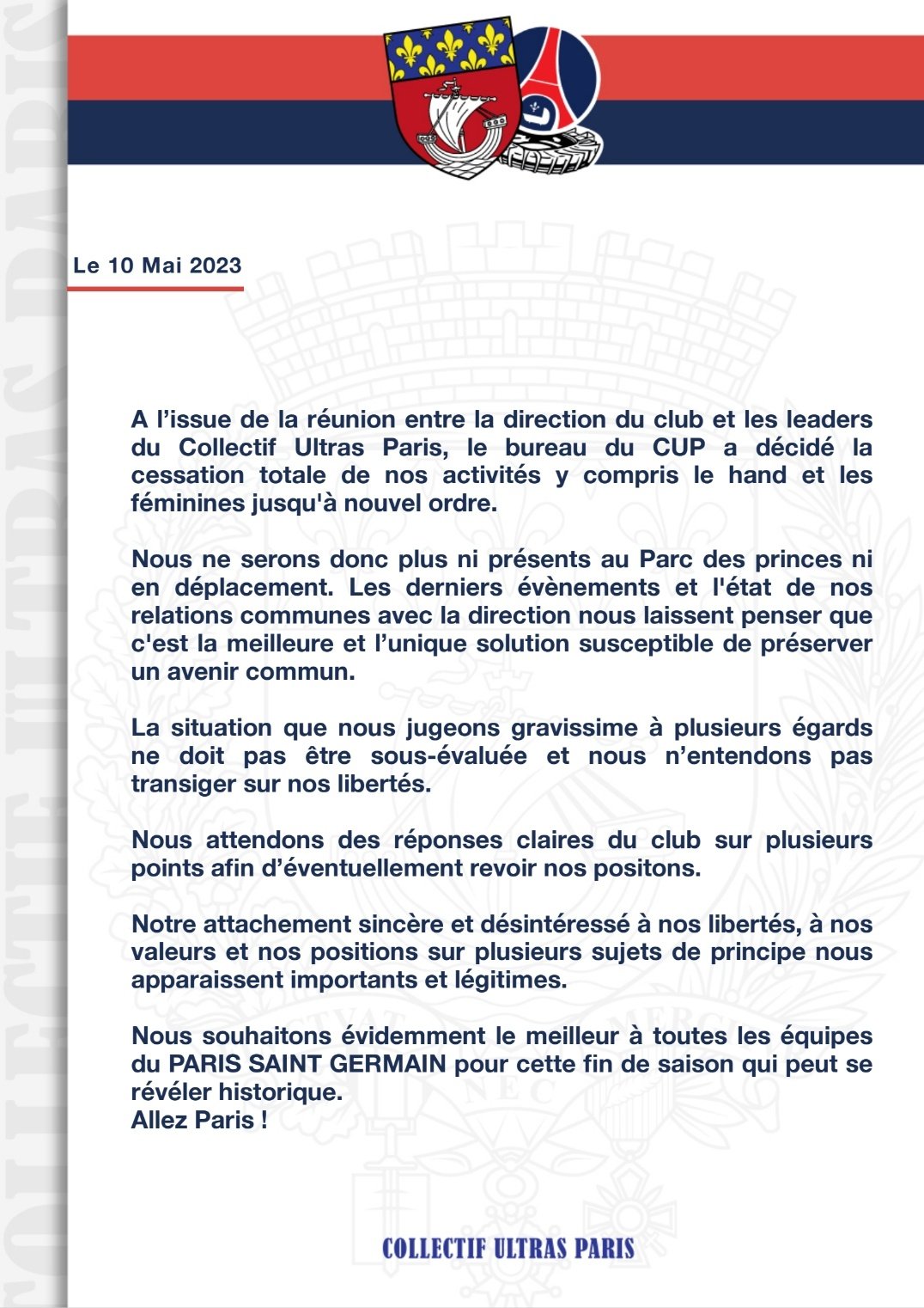 RMC：巴黎球迷组织CUP宣布停止活动，谴责巴黎态度